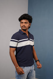 Short Sleeve Collar Neck Stripe Polo TShirt for Men Trendy Casual Fit Navy Blue mens trending streetwear India 7Man